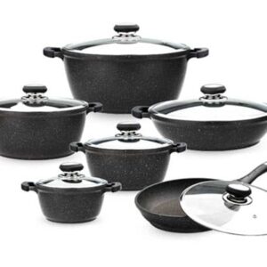 سرویس قابلمه گرانیتی زرساب 12 پارچه مدل گریپ با درب شیشه‌ای